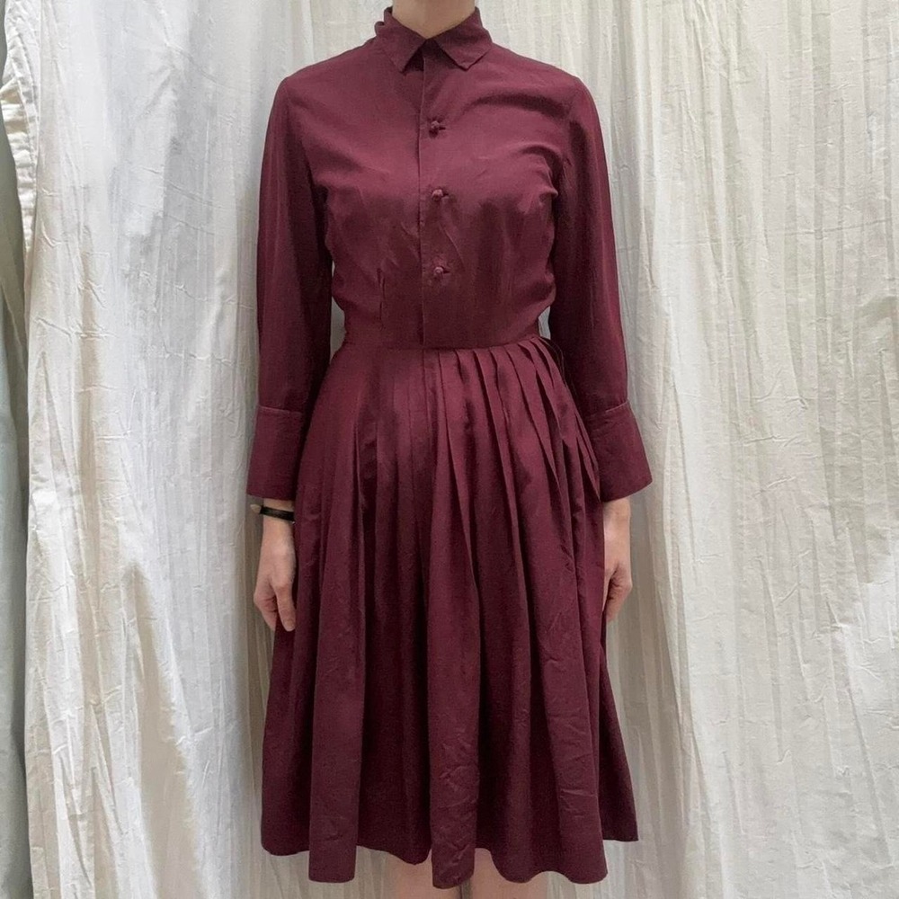 Burgundy Silk Pleated Dress Dynasty Vintage 50s/60s Midi Button Up Mod Small